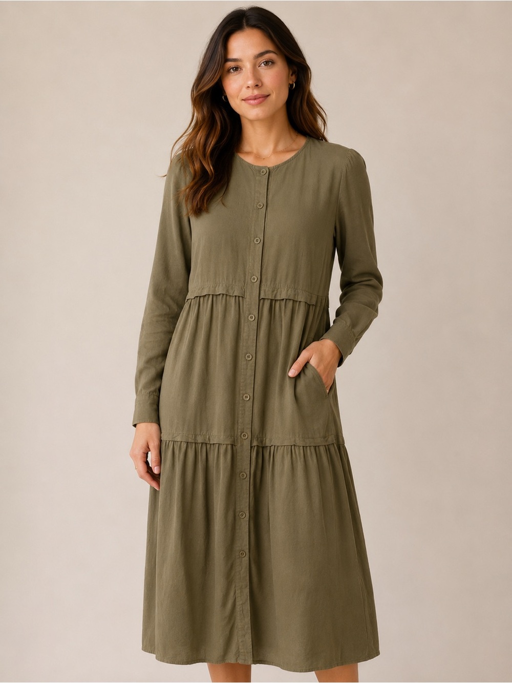 Modest Olive Tiered Button-Front Midi Dress